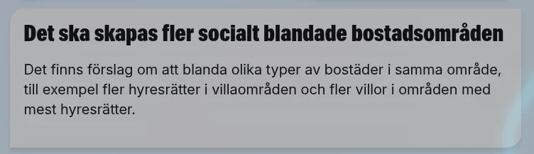 Faksimil från Expressen/TT:s valkompass med frågan om fler socialt blandade bostadsområden.